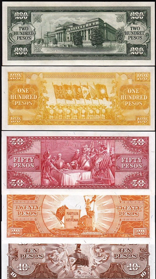 Philippines 5 Pcs SET, 10 20 50 100 200 Pesos 1949, UNC, P-136 137 138 139 140 - Image 2 of 4