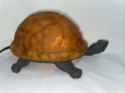 Vintage Amber Tiffany Style Glass & Brass Turtle Table Accent/Night Light