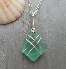 Hawaiian Jewelry Sea Glass Necklace, Wire Cross Necklace Aquamarine Necklace,