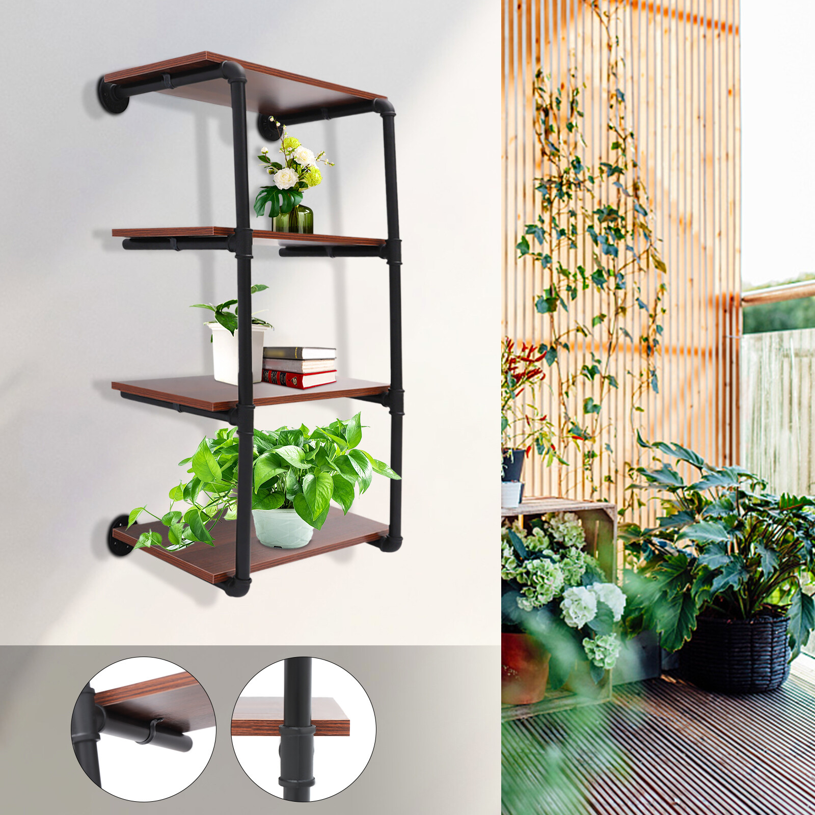 Industrial 4Tier Steel Shelf Storage Wall Mount Pipe Shelves Bookcase