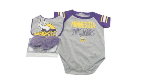 NFL Minnesota Vikings Infant Baby 3 Piece Creeper Bodysuit Set Boots & Bib New - Picture 1 of 2