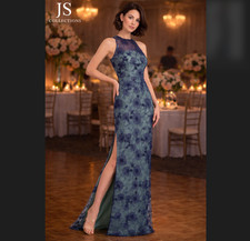 JS Collections Sequin Lace Column Gown 4 Blue Floral Tulle Illusion Slit Formal