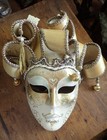 Venetian Carnival Mask, Jester, White & Gold, Unused Regal Moda, Italy