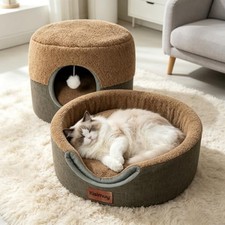 2-in-1 Cat Bed Cave, Cozy Covered Cat Beds for Indoor Cats,Pet Bed Brown