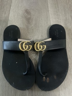 Women's Gucci Double G Thong Sandals , Black Leather / Gold GG , Sz UK 36 / US 6