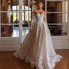 Graceful Wedding Dress Strapless Long Sleeve Lace Embroidery Vintage Bridal Gown