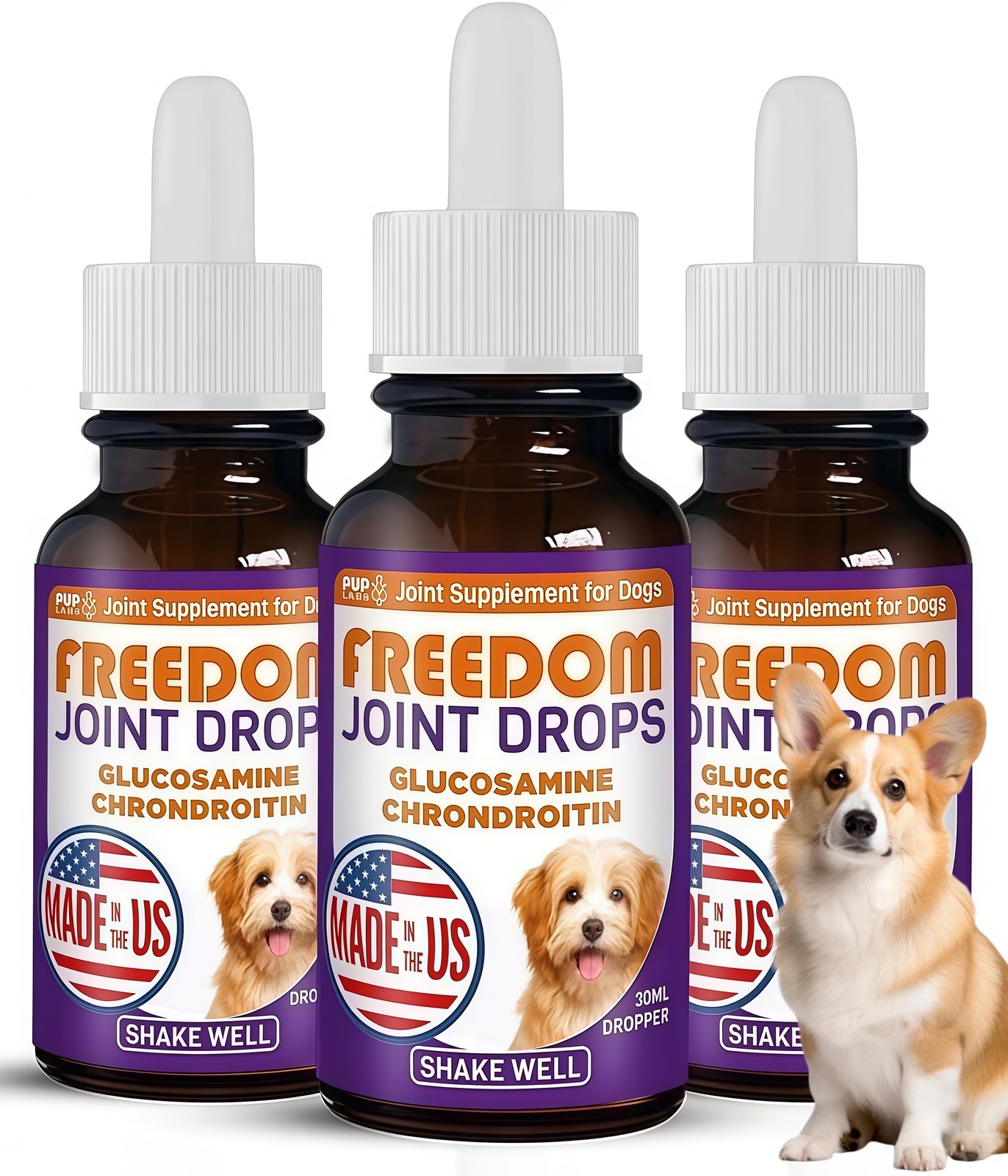 1-3X Pup Labs Freedom Joint Drops for Dogs with Glucosamine & Chondroitin, 30 ml