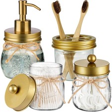 Mason Jar Bathroom Accessories Set 4 Pcs -Lotion Soap Dispenser  2 Qtip Hold...
