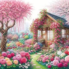 House Flower Diamond Art Kits for Adults, Pink Flower Diamond Painting QY058