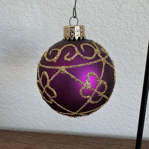 6 Vintage runder Glas Weihnachtsschmuck verschiedene Farben Mistelzweig Glitzer Schnörkelarbeit - Bild 9 von 14