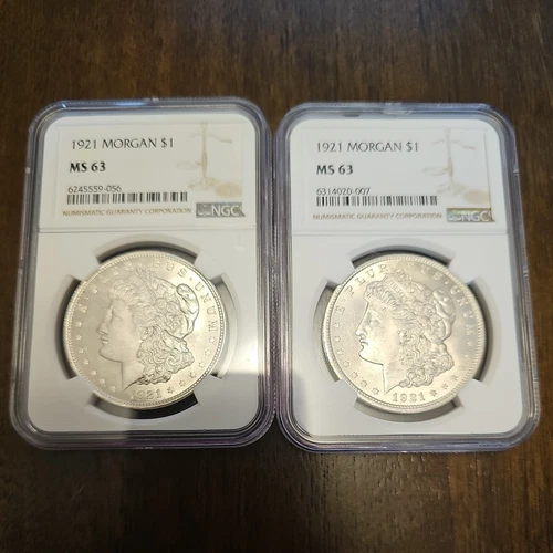 2 - 1921 MORGAN SILVER DOLLARS  **NGC CERTIFIED MS 63** BLAST WHITE
