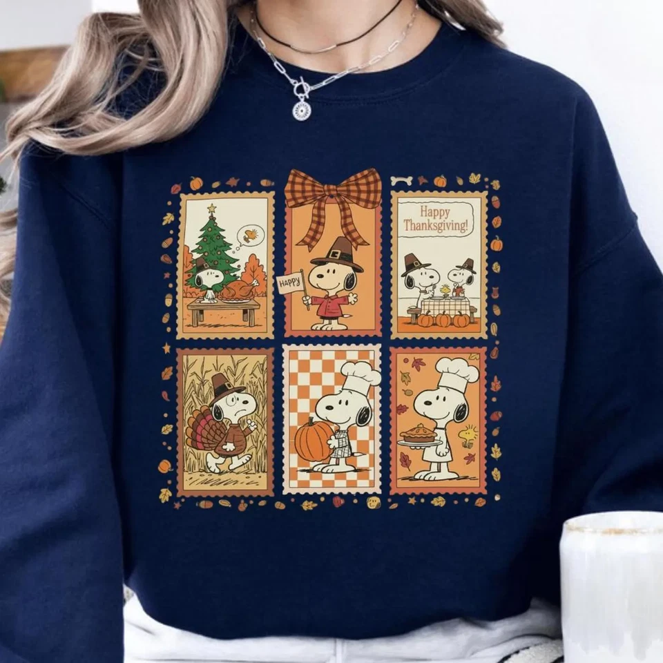 Camisa Snoopy Feliz Acción de Gracias Linda Otoño Sudadera Cacahuetes Dibujos Animados Algodón Camiseta Foto 3 de 4