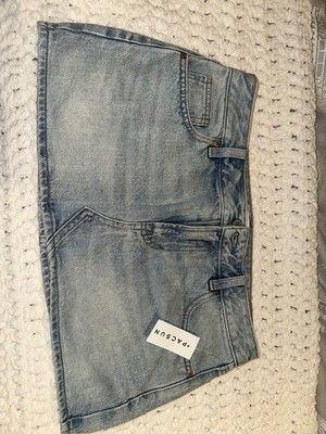 PacSun Piper Micro Mini Skirt Blue Denim Floral Embroidered Studded Size 27