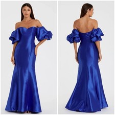 NWT! Mac Duggal Sweetheart Off The Shoulder Puff Sleeve Satin Royal Blue Gown 4