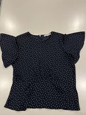 LOFT Navy Polka Dot Short Sleeve Blouse Size 14