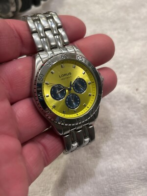 Lorus By Seiko Mens Silver Tone Yellow Dial Watch Model LR0728