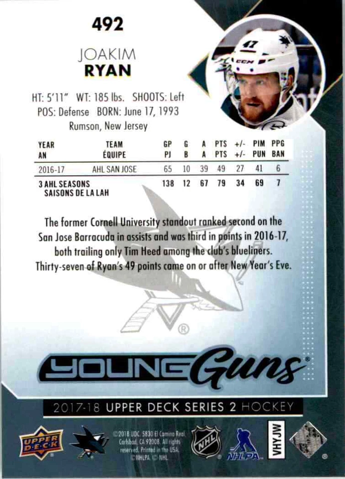 2017-18 Upper Deck Young Guns Joakim Ryan RC #492 - Image 2 of 2