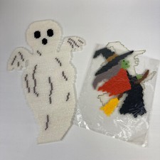 VTG Halloween Plastic Needlepoint Ghost Witch Canvas Wall Hanging Decoration Lot