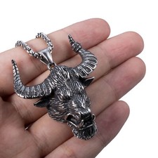 Men's Heavy Bull Head Silver Stainless Steel Pendant Necklace Chain Set