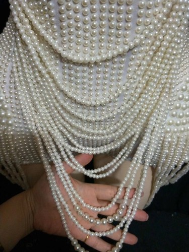 White Pearls Tasseled Bodysuits Sexy Women's Party Clubwear Performer Outfit - Picture 8 of 10