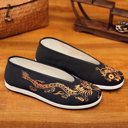 Men Slip On Dragon Embroidery Martial Arts Vintage Loafers Tai Chi Chinese Shoes - Picture 1 of 14