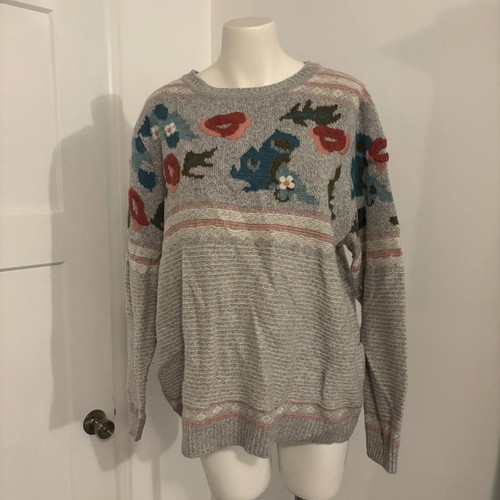 Sundance size XL Floral Embroidered Wool Blend Gray Fair Isle Sweater