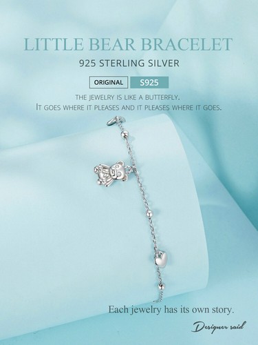 Voroco Mujeres Regalos Plata Esterlina 925 Oso Pequeño Pulsera Cadena Joyería 21 cm - Imagen 12 de 13