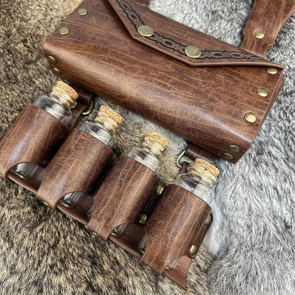 Bolso Cinturón HiiFeuer Alquimia Medieval Cuero Sintético con 4 Frascos Poción Corcho, Marrón Foto 4 de 4