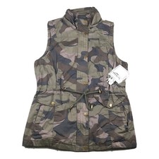 Royalty Jacket Vest Womens Large Green Camo Full Zip Lined Waisted Drawstring *