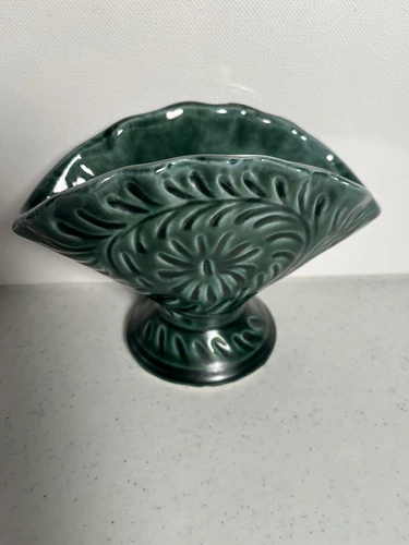 Mid Century HULL Pottery Fan Pedestal Vase Planter F 1 Blue Green Glaze 3.8" H