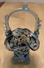 Classic Vintage Murano Art Glass Basket Teal Blues, 7  Hand Blown Italy
