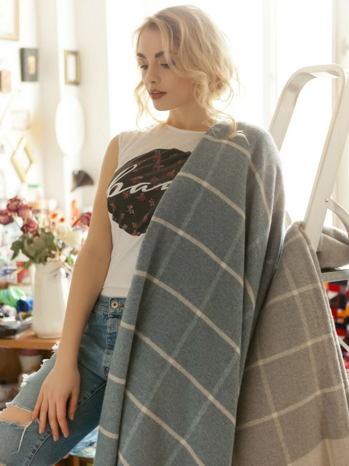 Kaschmir Decke Wolldecke Merinowolle 140x200cm Kuscheldecke Hellblau Karo - Bild 2 von 4