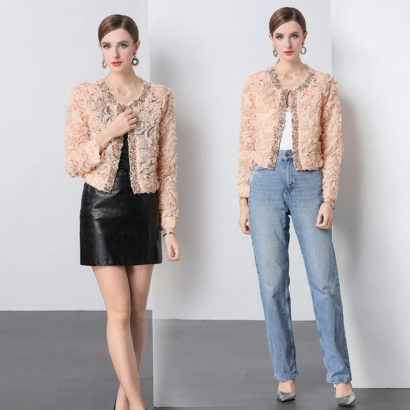 Chaqueta corta con cuentas de flores para mujer Moda Jacquard Encaje Top Cuello redondo Abrigos cortos Foto 3 de 4