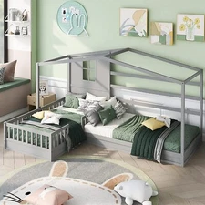 L-Shape Twin Size House Bed Wood Bed Frames 2 Platform Beds in 1 for Girls Boys