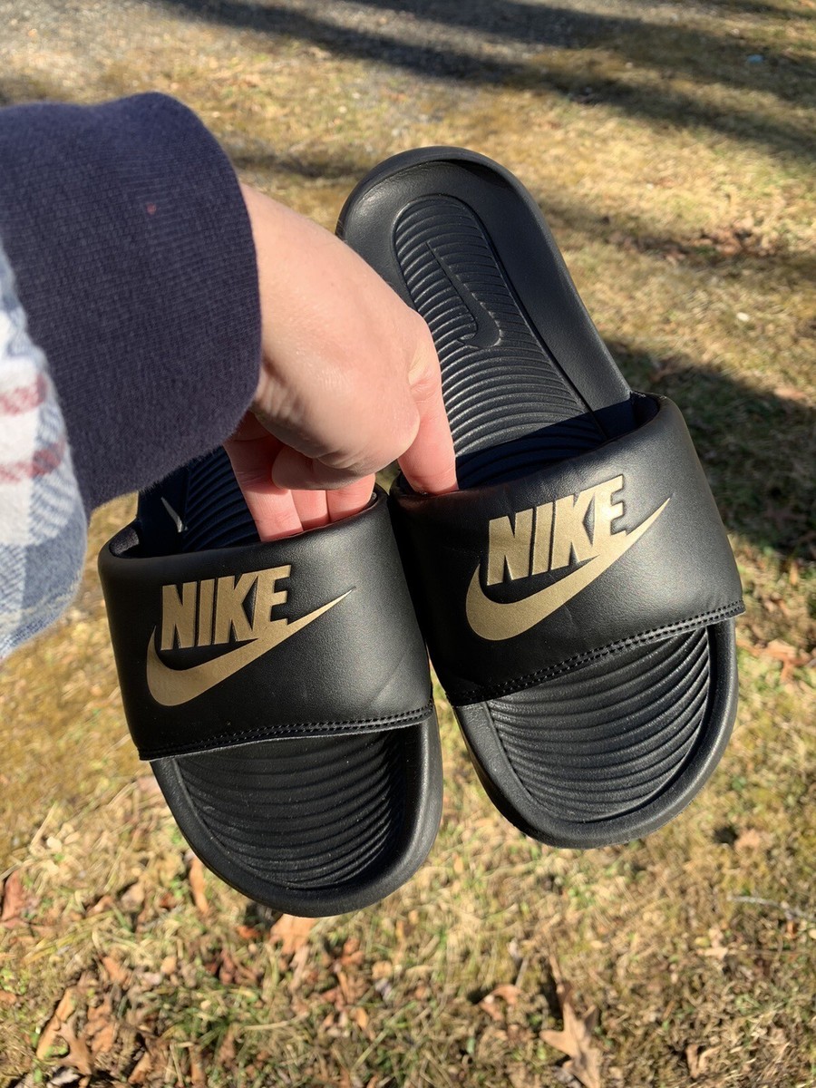 Nike Victori One Men's Women's Slides Black Gold Swoosh Size