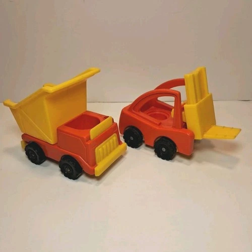 Vintage 70's Fisher-Price Little People Dump Truck & Fork Lift Set Orange Yellow