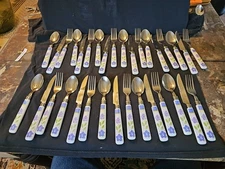 Gibson Housewares Bella Flatware Purple Blue Flowers  33 Pcs. 11 Place Settings