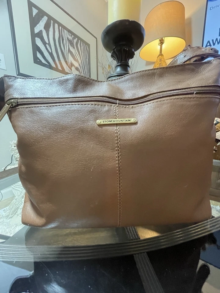 Stone Mountain 真皮栗色棕色纯银桶斜挎包钱包 — 第 3/4 张图片