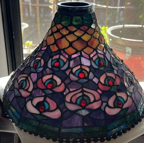 VINTAGE DALE TIFFANY Stain Glass Peacock 14.5 x11”  Lamp Shade Signed STUNNING