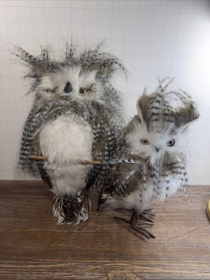 Real Life like Faux Fur Feathers Owl 12'' White Gray Set of 2 1 Hanging 1 Standin
