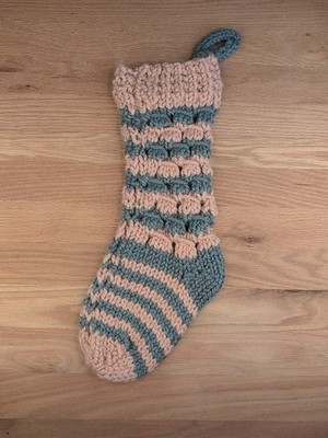 Chunky Knit Christmas Stocking Mauve Pink And Grey-Blue Handmade Boho Retro 20''