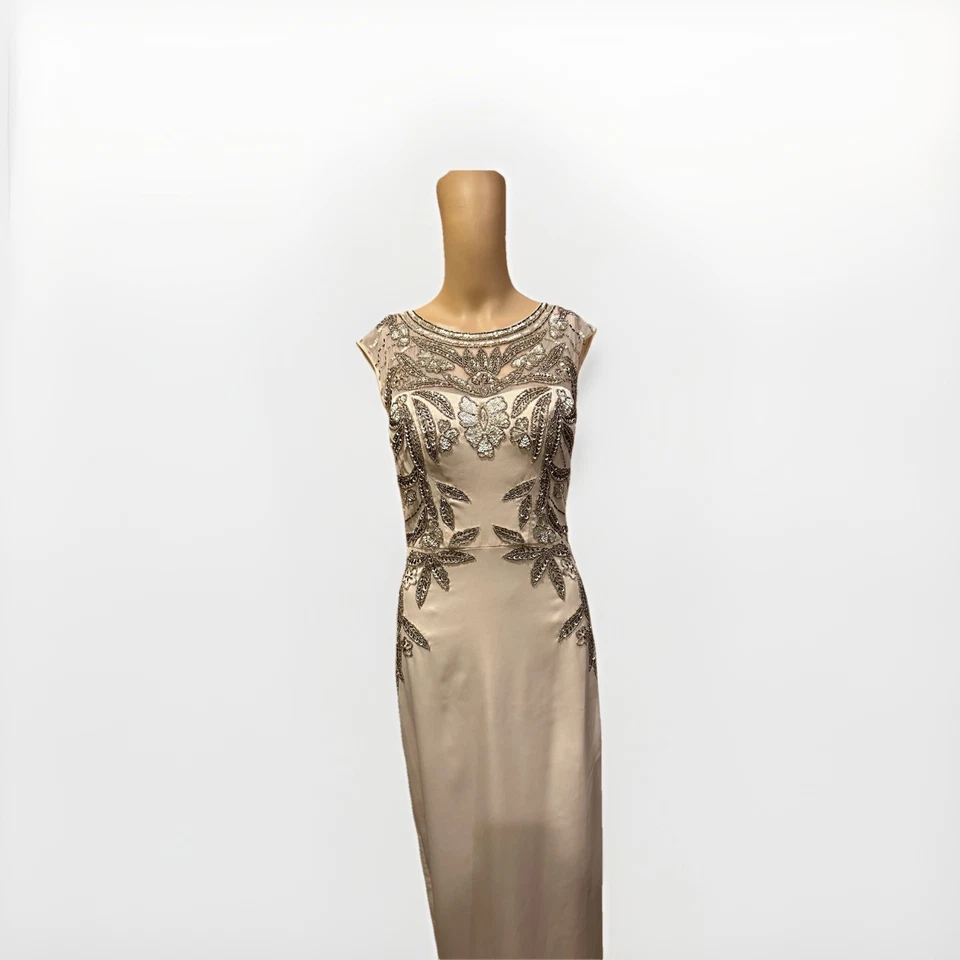 Sue Wong 夜曲礼服女式 12 红色丝绸无袖串珠 V 领蕾丝连衣裙 — 第 2/4 张图片