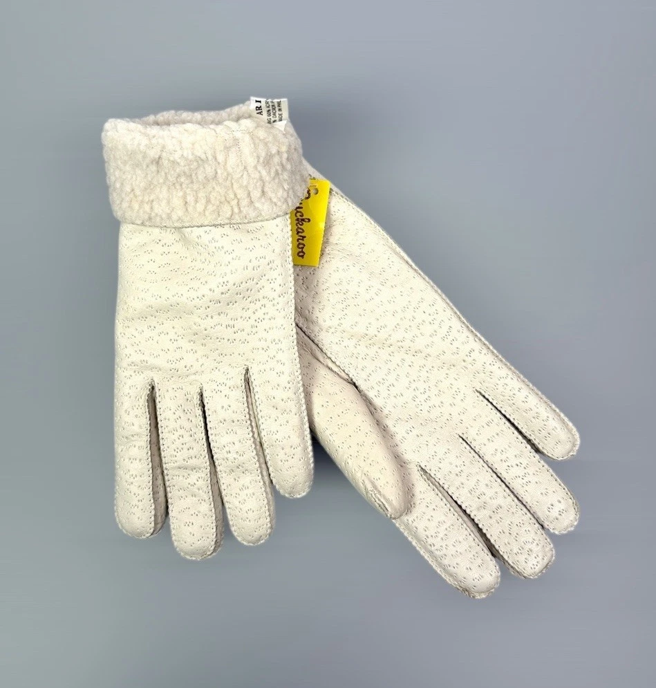New Aris Ivory Gloves Buckaroo Perforated Leather Faux Fur Lining size M Vintage