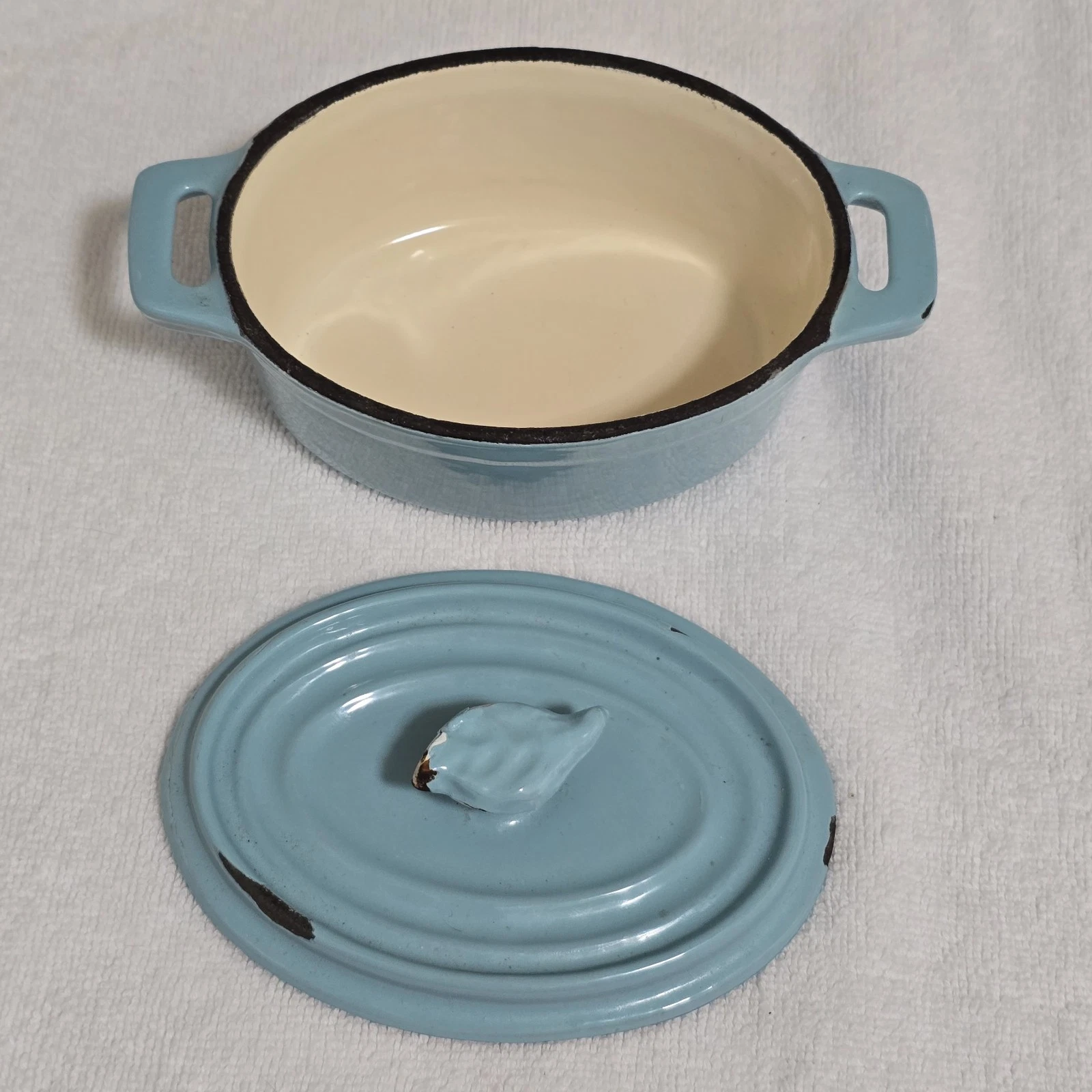 VTG Blue Enamel Cast Iron Mini Cocotte Dutch Oven + Lid Leaf Handle 6.25" RARE