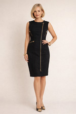 Calvin Klein size 14 Black Sleeveless Sheath with gold zippers preowned.