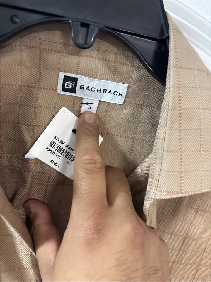 Camisa deportiva de vestir grande Bachrach para hombre color tostado a cuadros mezcla de algodón cuello en punta L/S Foto 3 de 4