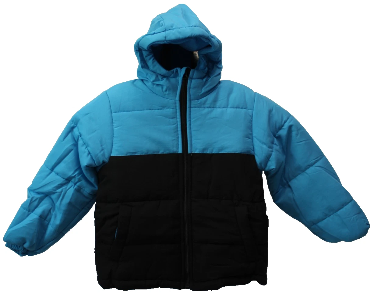 Operation Warm Puffer Coat Boys' Size 5/6 Blue Black Hooded Lined Full Zip New