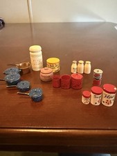 Vintage Dollhouse Miniature Kitchen Lot Pots Pans Milk Bottles Tea Sugar