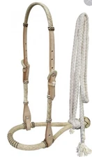 Light Leather Headstall Bitless Bridle Bosal Hanger Rawhide w Mecate Reins 7098