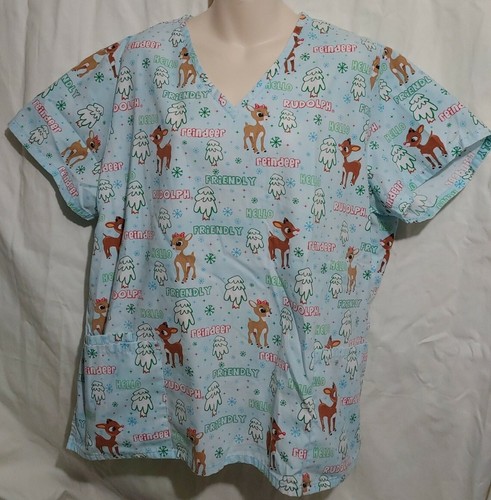 Rudolph The Red Nosed Reindeer Hello Friendly Scrubs Shirt Top Nurse RN Women XL - Picture 3 of 9
